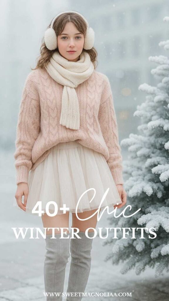 Woman wearing a feminine winter outfit with a blush cable-knit sweater, white tulle skirt, scarf, earmuffs, and grey over-the-knee boots — soft romantic winter fashion inspiration.