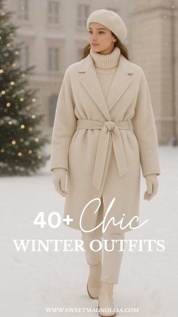 Woman wearing an all-white winter outfit with a belted wool coat, turtleneck sweater, trousers, beret, gloves, and boots — elegant minimalist winter fashion inspiration.