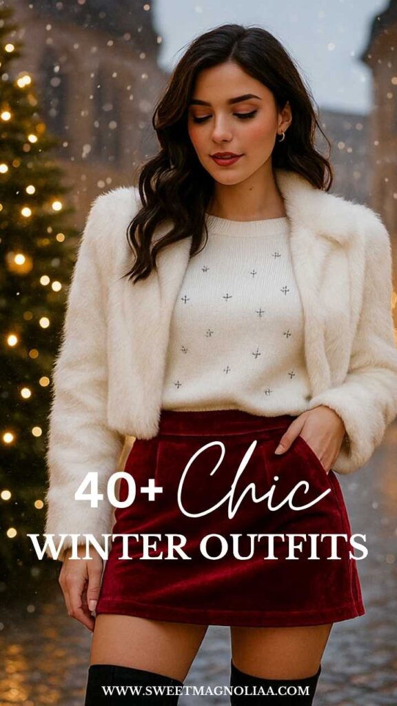 Woman wearing a red velvet winter outfit with a white embellished sweater, cropped faux-fur jacket, and mini skirt — elegant festive winter fashion inspiration.