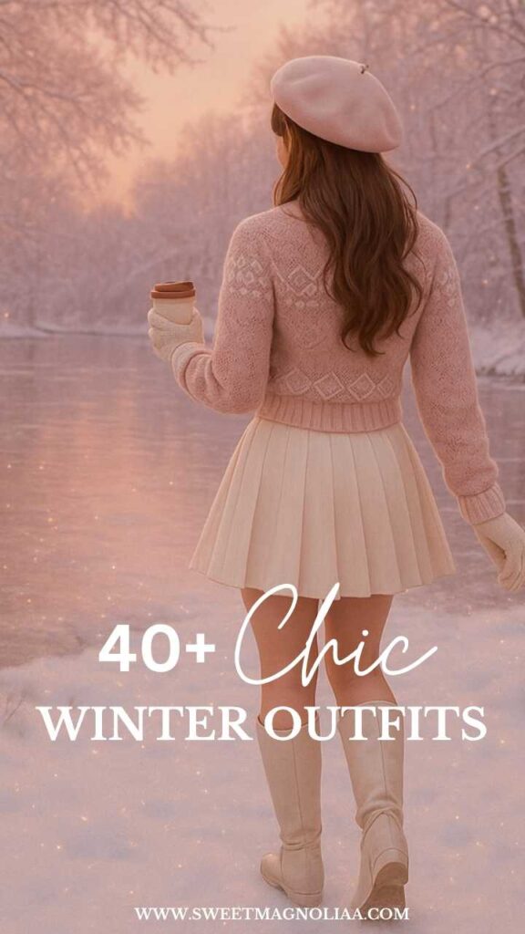 Woman wearing a pastel winter outfit with a blush knit sweater, cream pleated skirt, beret, gloves, and knee-high boots — romantic feminine winter fashion inspiration.