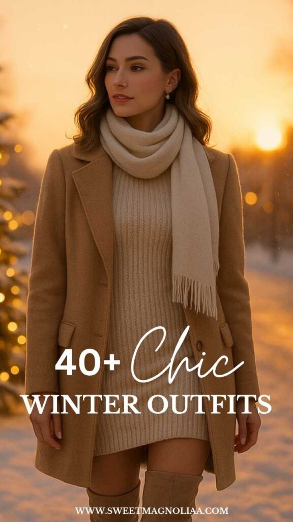 Woman wearing a camel winter outfit with a ribbed knit dress, camel coat, cream scarf, and knee-high boots — elegant neutral winter fashion inspiration.