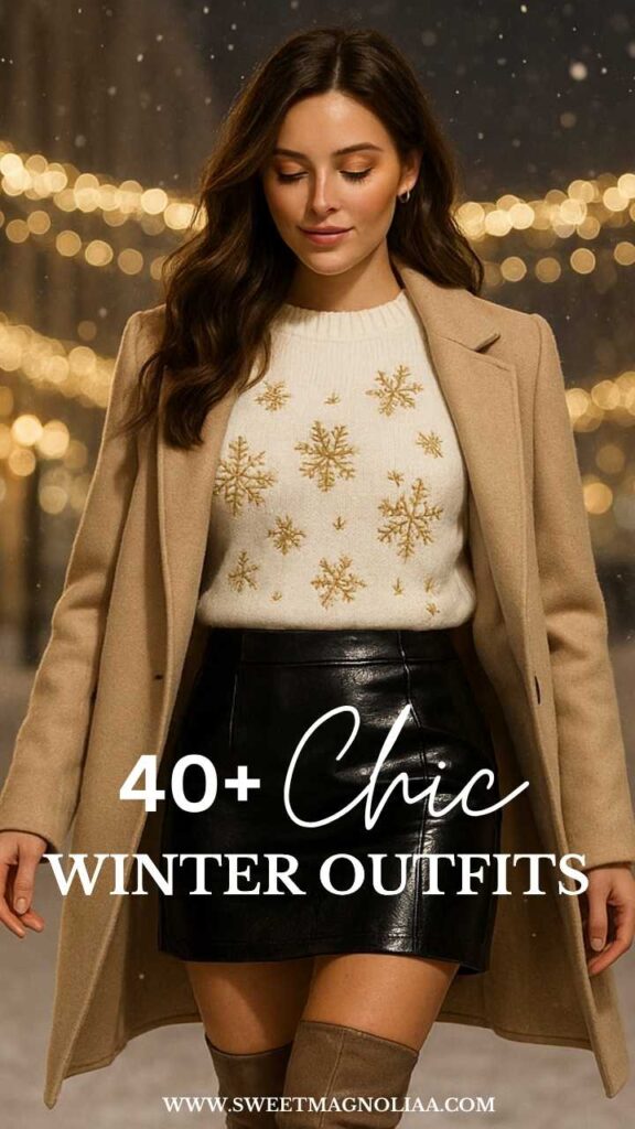 Woman wearing a chic winter outfit with a cream snowflake sweater, black leather skirt, camel coat, and knee-high boots — modern festive winter fashion inspiration.