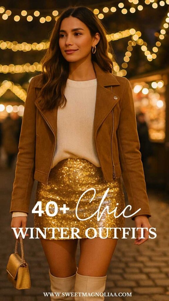 Woman wearing a gold winter outfit with a cream sweater, sequined gold skirt, tan suede jacket, and knee-high boots — elegant festive winter fashion inspiration.