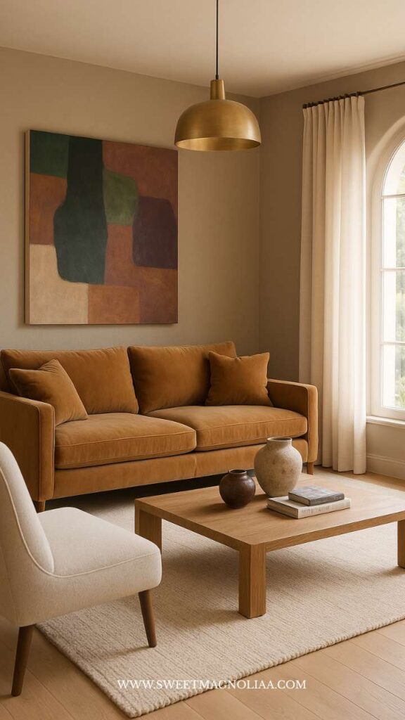 Modern living room with taupe walls, tobacco velvet sofa, and ivory rug — showcasing warm, tone-on-tone color layering central to interior design trends 2026.