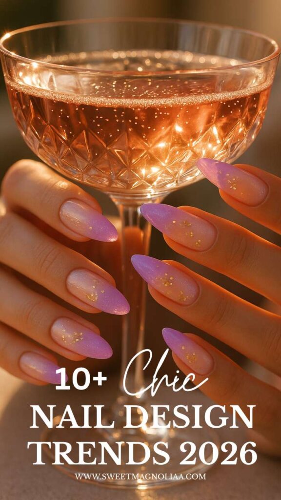 Subtle sparkle nail design 2026 — long almond lavender nails with gold flakes, champagne-inspired shimmer.