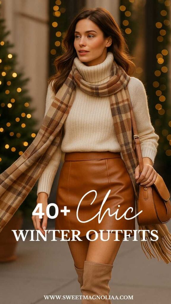 Woman wearing a cream turtleneck sweater, caramel leather skirt, plaid scarf, and suede knee-high boots—stylish neutral winter outfit idea for 2025, perfect for Christmas or cozy outings.