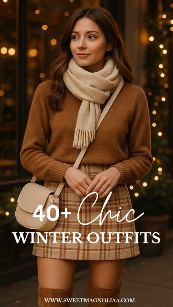 Woman wearing a caramel winter outfit with a camel sweater, plaid mini skirt, cream scarf, beige crossbody bag, and knee-high boots — chic neutral winter fashion inspiration.