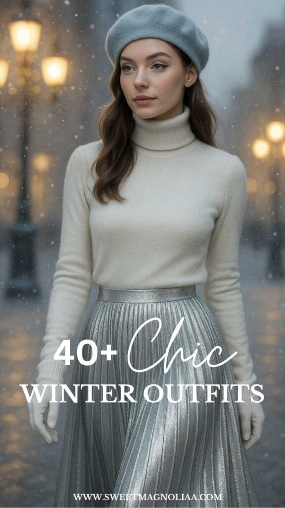 Woman wearing a silver winter outfit with an ivory turtleneck, metallic pleated skirt, blue beret, and gloves — elegant Parisian winter fashion inspiration.