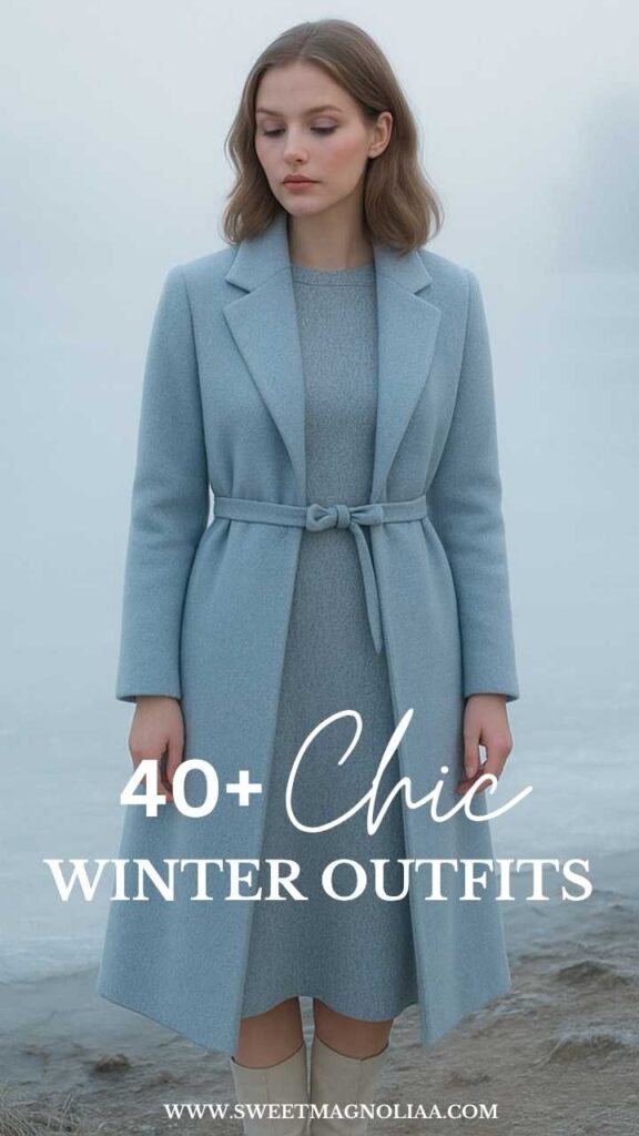 Woman wearing an icy blue winter outfit with a belted wool coat, matching knit dress, and knee-high boots — minimalist elegant winter fashion inspiration.