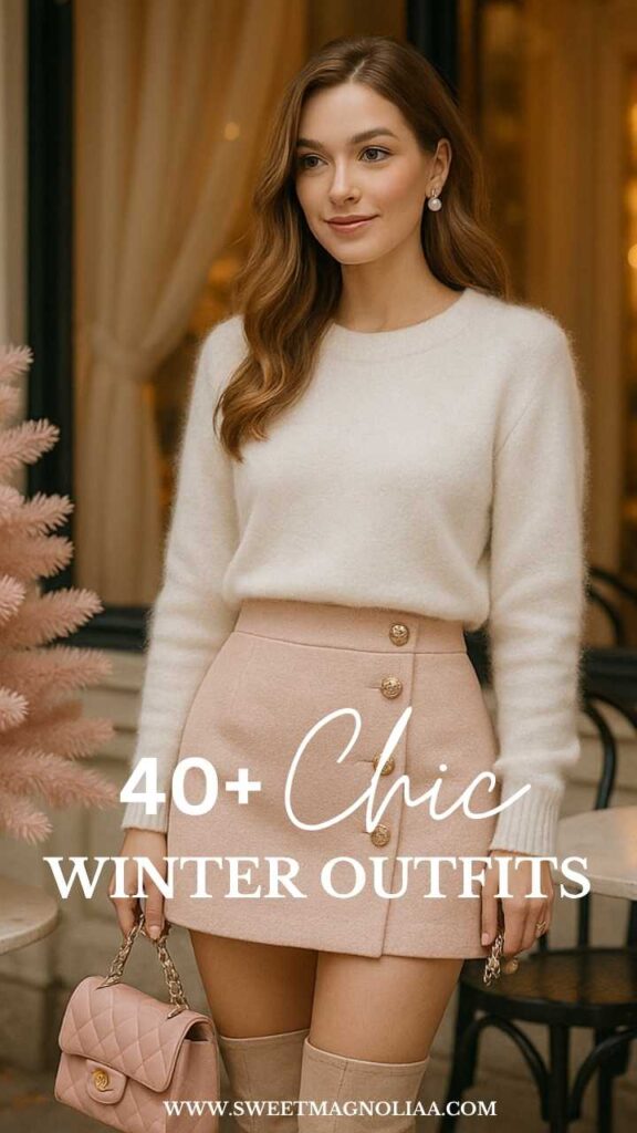 Woman wearing a blush winter outfit with a white fuzzy sweater, blush mini skirt with gold buttons, quilted handbag, and nude boots — elegant feminine winter fashion inspiration.