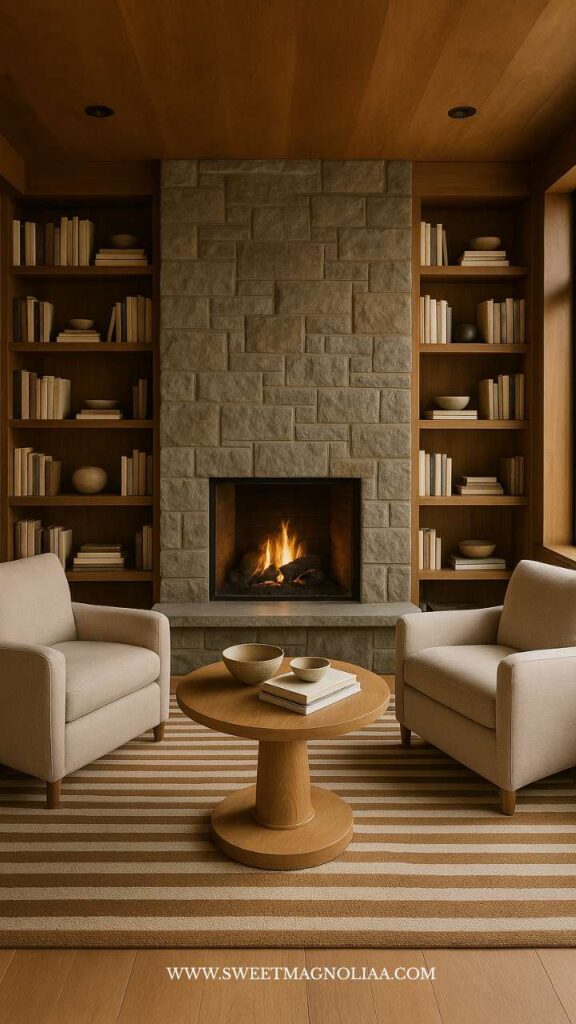 Warm minimalist home library with beige armchairs, striped rug, and natural stone fireplace — tactile, handcrafted details define interior design trends 2026.