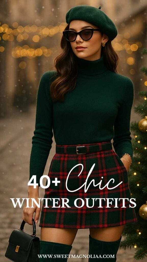 Woman wearing a chic winter outfit 2025—dark green turtleneck, plaid mini skirt, beret, and knee-high boots—stylish Christmas outfit idea with elegant holiday fashion vibes.