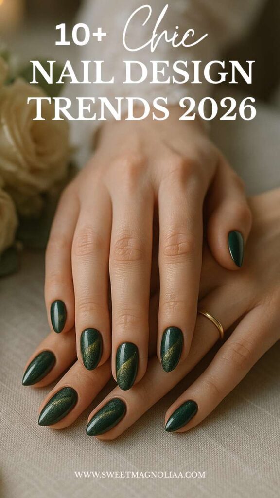 Cat-eye nail design trend 2026 — emerald green magnetic nails with subtle gold shimmer, elegant modern manicure style.