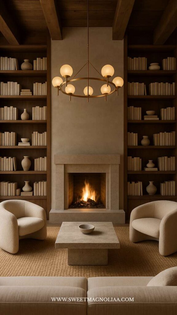 Modern living room with rounded armchairs, travertine coffee table, and sculptural lighting — expressing fluid comfort and soft geometry in interior design trends 2026.