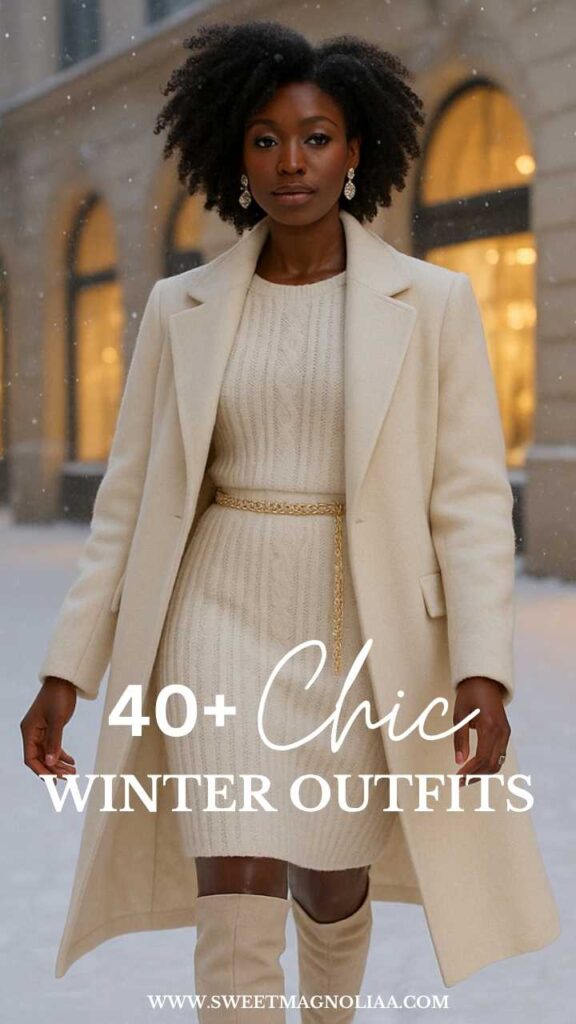 Woman wearing an ivory cable-knit sweater dress, wool coat, gold belt, and knee-high boots—chic monochrome winter outfit for timeless cold-weather elegance.