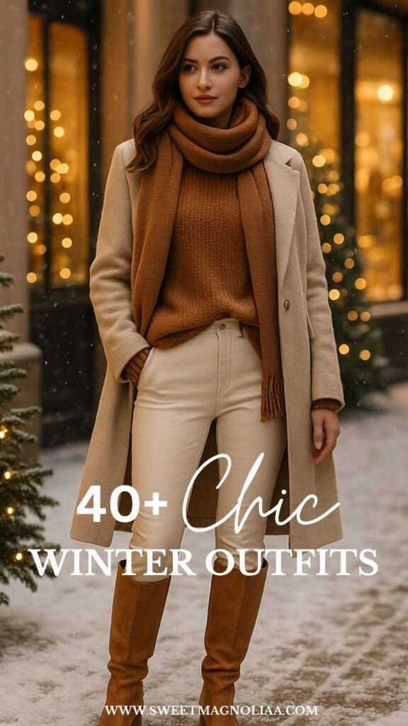 Woman wearing a camel sweater with matching scarf, beige coat, cream trousers, and suede knee-high boots—chic layered neutral winter outfit idea for timeless cold-weather style.
