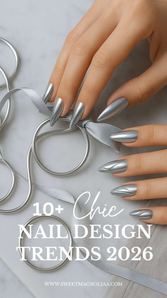 Iridescent nail design trend 2026 — silver chrome nails with soft pearlescent shine on frosted glass background, futuristic manicure style.