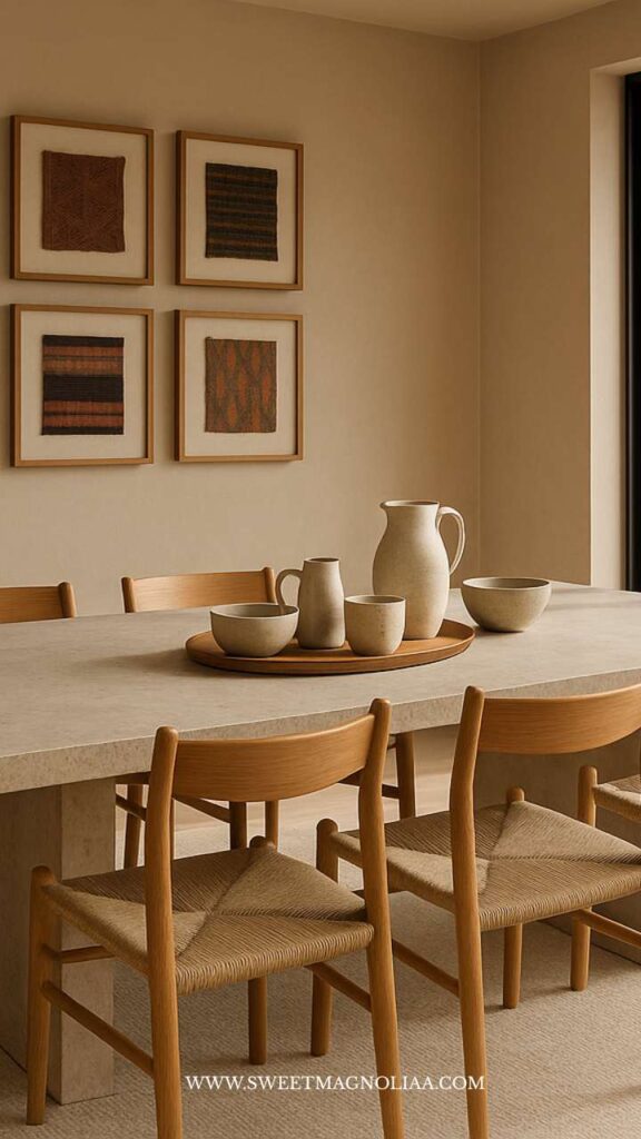Modern dining room with light oak chairs, ceramic tableware, and neutral palette — showcasing warm minimalism and natural materials in interior design trends 2026.