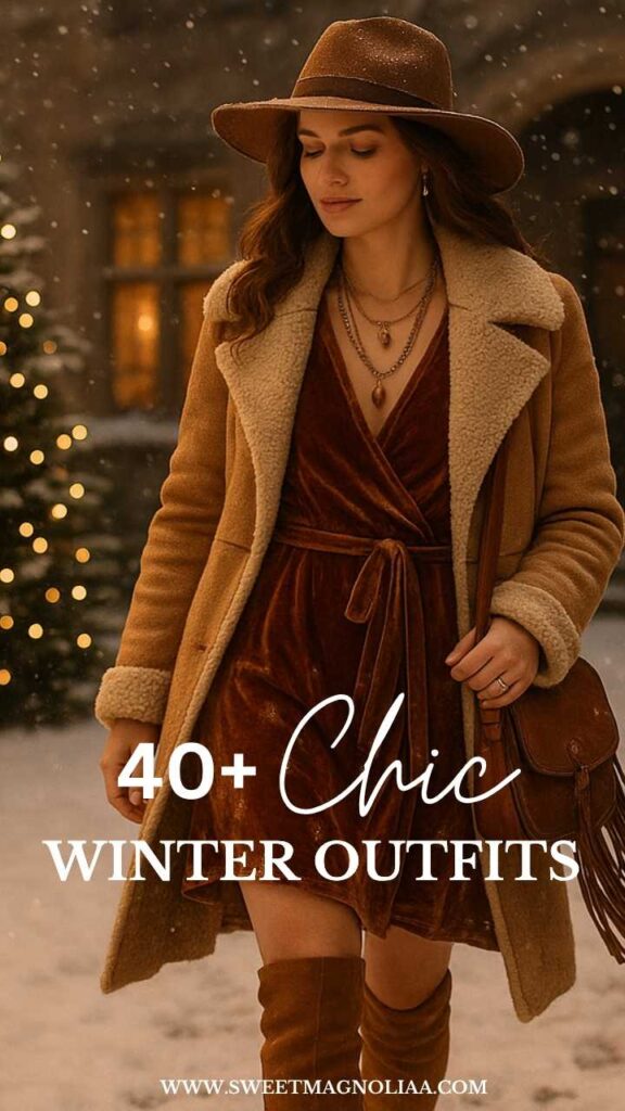Woman wearing a brown velvet wrap dress, shearling camel coat, wide-brim hat, and suede knee-high boots—chic winter outfit idea with warm textures and boho holiday elegance.