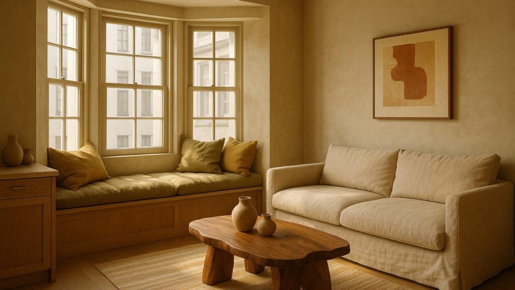 Warm Wabi Sabi interiors in a modern studio apartment with a sunlit window seat, linen sofa, abstract wall art, rustic wooden coffee table, and natural earthy tones.