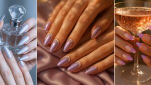 Elegant lavender and pearl nail designs for 2026 — three luxury manicure styles featuring metallic lilac chrome nails with pearls, satin lavender polish, and ombré lilac-to-rose nails beside a crystal perfume bottle and champagne glass, photographed in warm golden light.