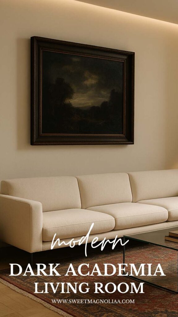 A modern dark academia living room featuring a minimalist beige sofa, a large moody landscape painting in a dark wood frame, a glass coffee table with books, and a vintage Persian-style rug on light wood floors under warm ambient lighting.