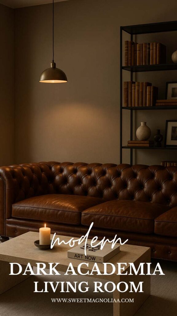 A modern dark academia living room featuring a tufted brown leather Chesterfield sofa, a stone coffee table with a lit candle and art book, a black metal bookshelf filled with vintage books and ceramics, and a warm pendant light casting a soft amber glow against taupe walls.
