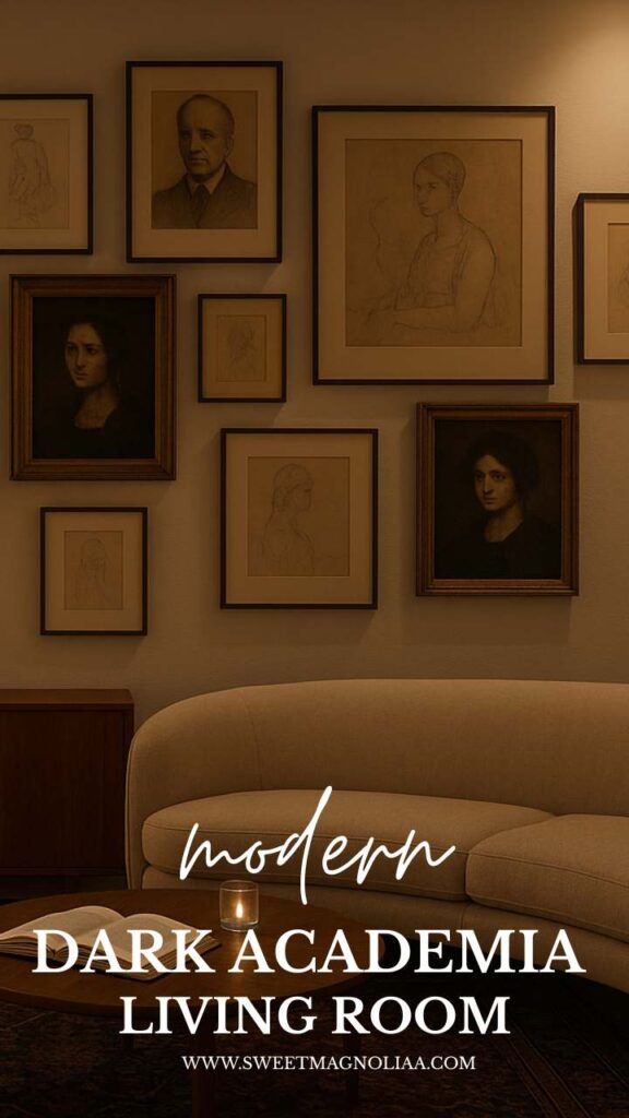 Create a modern living room with dark academia flair—moody tones, rich textures, and timeless decor essentials for an intellectual yet stylish space.