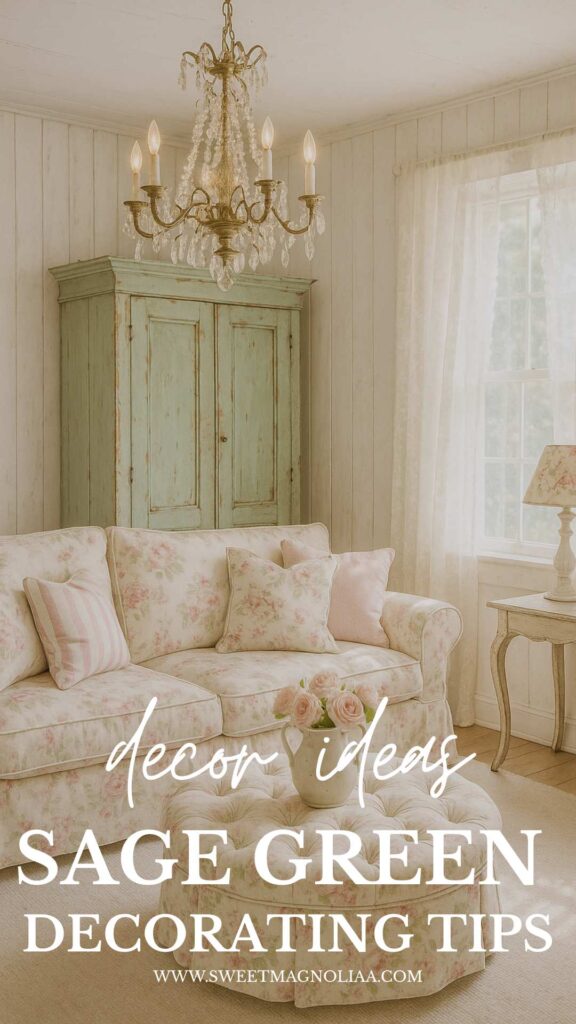 A cozy vintage living room featuring a sage green armoire, floral upholstered sofa, pink striped pillows, and soft natural light through sheer curtains.