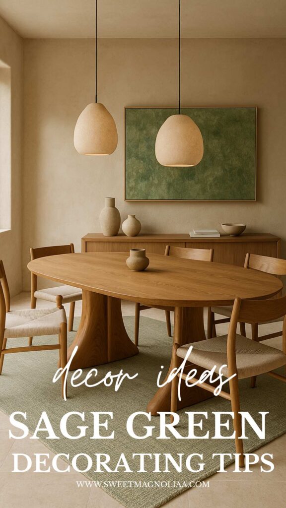 Minimal modern dining room with sage green wall art, oak table and chairs, neutral pendant lights, and a soft sage rug.