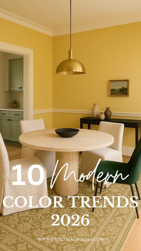 Modern dining room with nature-inspired yellow walls, green accent chair, and minimalist brass pendant. The palette channels Color Trends 2026 with balanced light and warmth.