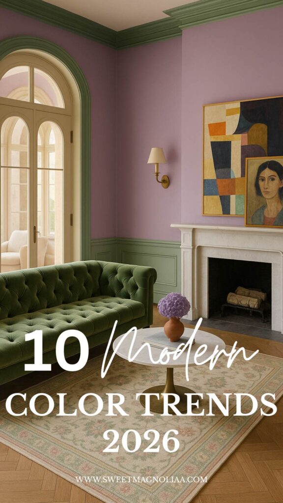 Heritage living room with lavender walls and sage trim, deep green tufted sofa, and modern art. This Color Trends 2026 mix feels both collected and current.