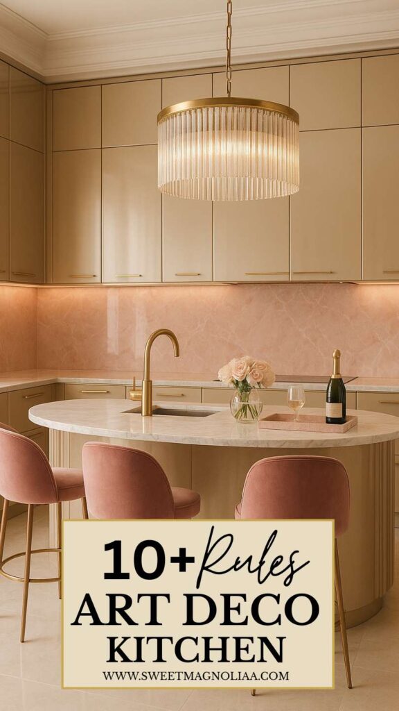 A luxurious Art Deco kitchen featuring glossy champagne cabinetry, a rounded marble island with brass fixtures, pink velvet bar stools, and a blush marble backsplash. A ribbed glass chandelier casts a soft, golden glow across the space.