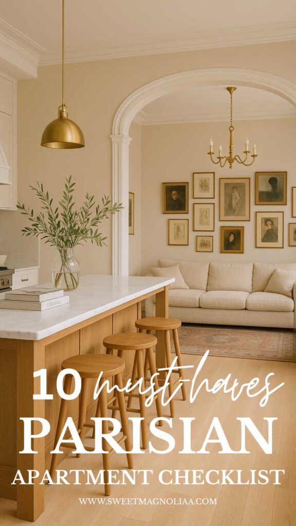 A bright kitchen-living area in soft beige tones featuring marble countertop, brass pendant light, oak stools, and framed portraits—modern Parisian apartment checklist inspiration for collected French interiors.