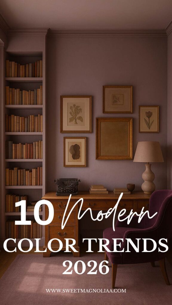 Moody study with lavender walls, vintage desk, and plum chair. Botanical art and wooden shelves highlight the quiet depth of Color Trends 2026.