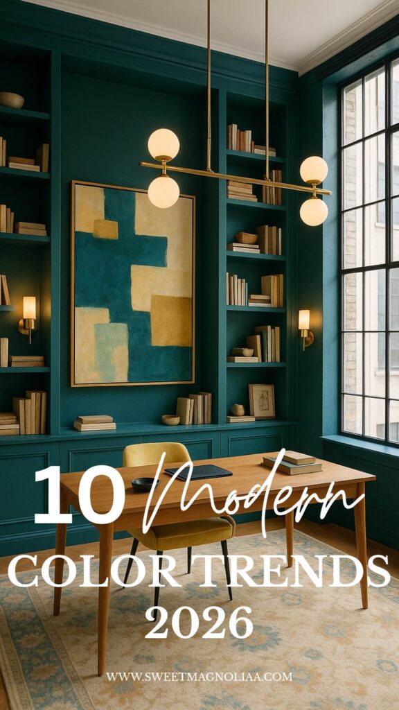 Modern study in transformative teal with built-in bookshelves, golden pendant lighting, and abstract art. The deep tones showcase the confidence of Color Trends 2026.