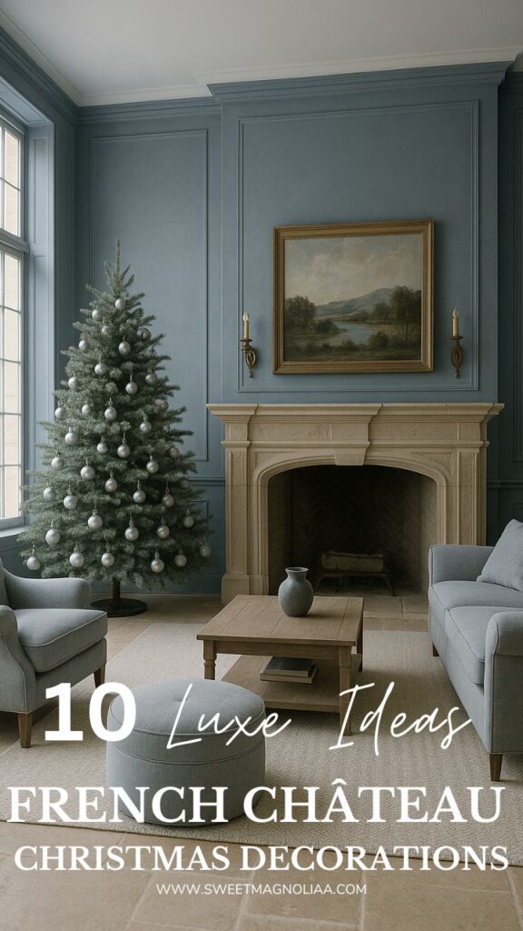 A blue-paneled living room with a stone fireplace, a tall Christmas tree decorated with silver ornaments, and soft grey seating arranged around a wooden coffee table.