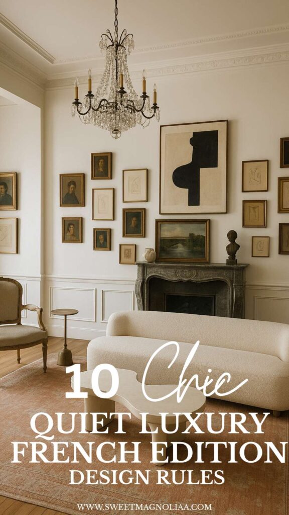 Elegant Parisian living room with a marble fireplace, vintage portraits, and a crystal chandelier showcasing quiet luxury French style.