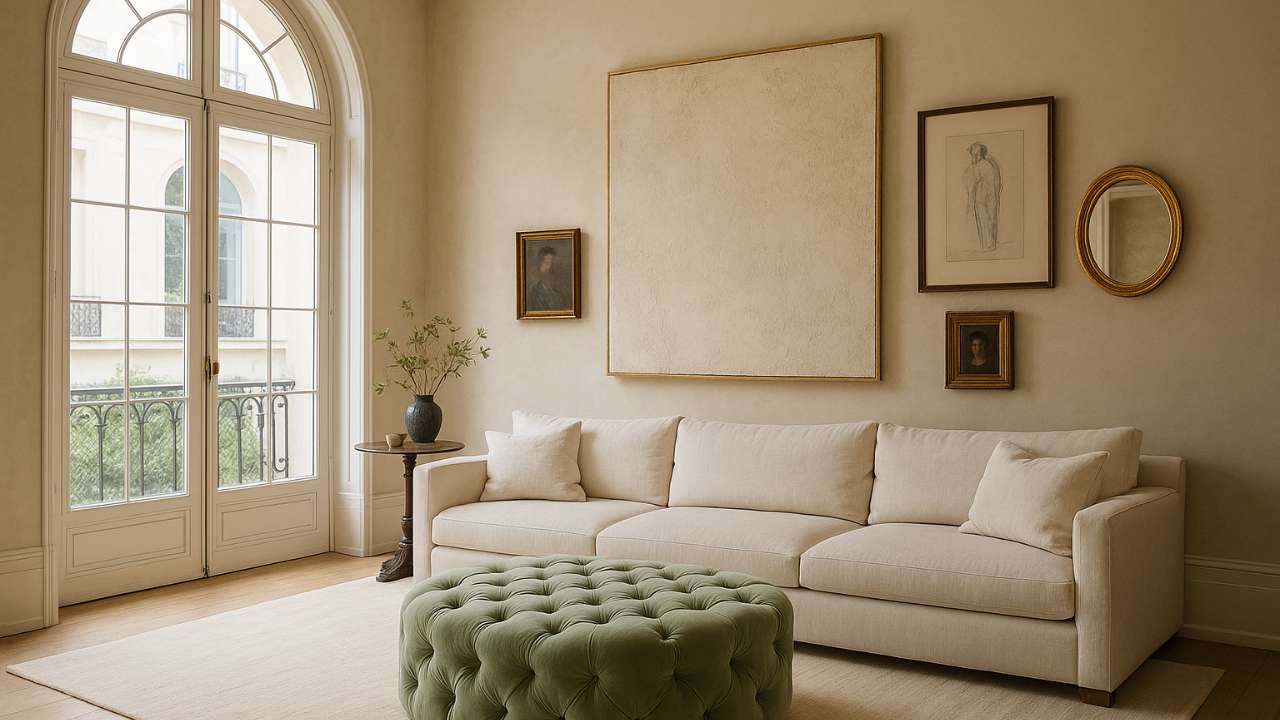 Parisian apartment interior featuring neutral décor, linen sofa, classic art wall, and natural light through tall French windows.