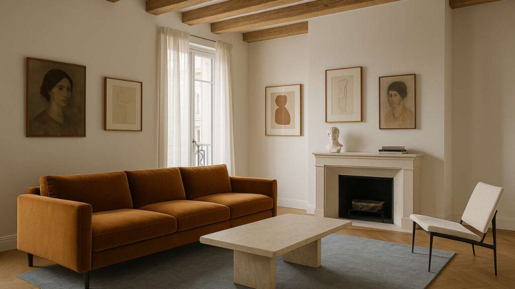 Minimalist Parisian living room featuring a warm ochre velvet sofa, light stone fireplace, and modern abstract artwork in slim wooden frames. The space is softly lit by natural daylight through sheer curtains, with exposed wooden ceiling beams adding quiet texture. A sculptural bust on the mantel and a neutral lounge chair complete the serene, sophisticated atmosphere—an elegant expression of French quiet luxury.