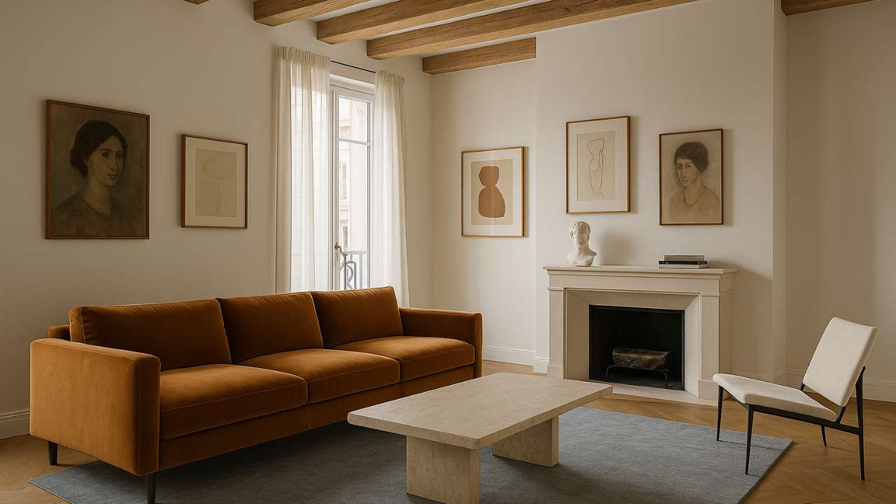 Minimalist Parisian living room featuring a warm ochre velvet sofa, light stone fireplace, and modern abstract artwork in slim wooden frames. The space is softly lit by natural daylight through sheer curtains, with exposed wooden ceiling beams adding quiet texture. A sculptural bust on the mantel and a neutral lounge chair complete the serene, sophisticated atmosphere—an elegant expression of French quiet luxury.