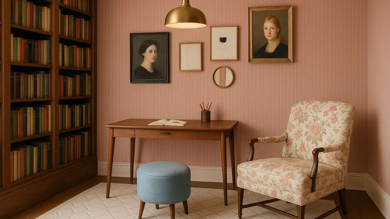 Elegant home library with wooden bookshelves, floral armchair, mid-century desk, and gold pendant light against soft pink striped wallpaper—an inviting reading corner blending vintage charm and modern warmth.