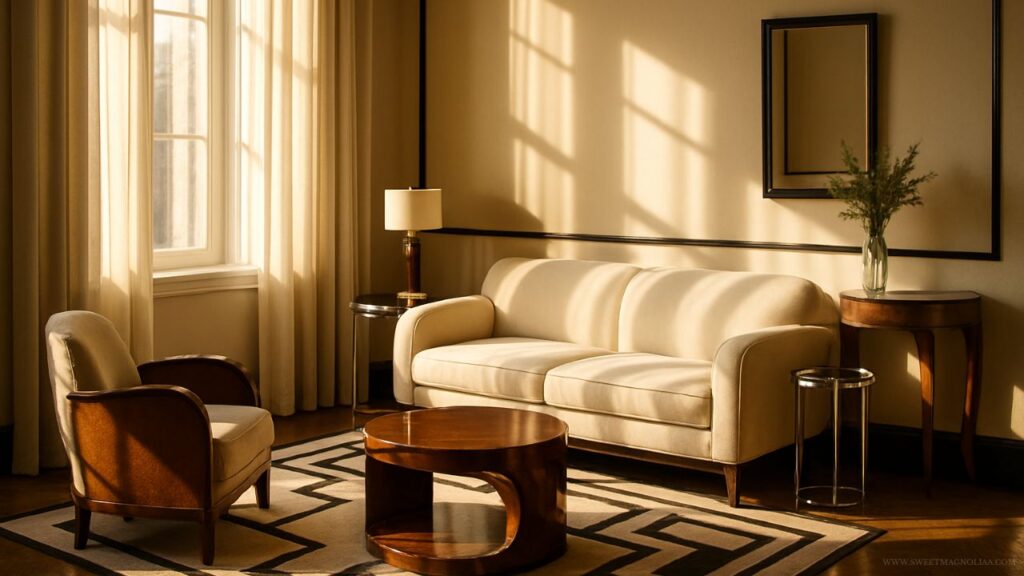 Art Deco-inspired living room bathed in soft afternoon light, featuring a curved cream sofa, a sculptural walnut coffee table, and an upholstered armchair with wooden trim. The geometric patterned rug, fluted wood side tables, and chrome accent table add refined symmetry and subtle glamour. Warm beige walls and tall draped curtains create a serene, timeless atmosphere evocative of 1930s design elegance.