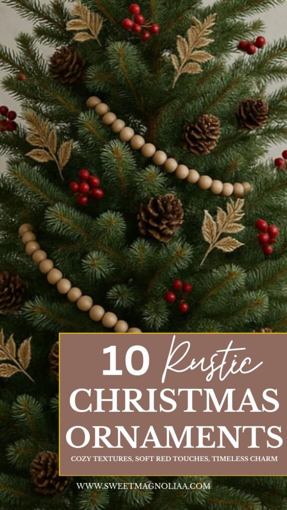 A rustic Christmas tree decorated with pinecones, wooden bead garlands, golden leaves, and red berry accents. The natural ornaments and earthy tones create a cozy, timeless holiday look with soft red touches for festive warmth.