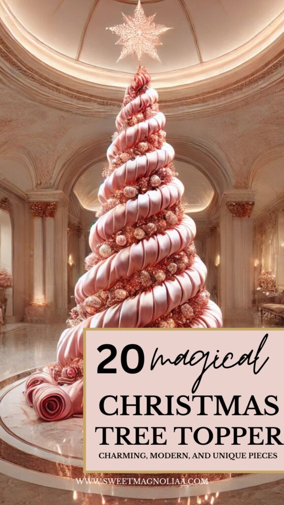 A luxurious Christmas tree with cascading blush ribbons and sparkling ornaments in a grand ballroom setting, topped with a radiant star for an elegant, magical holiday look.
