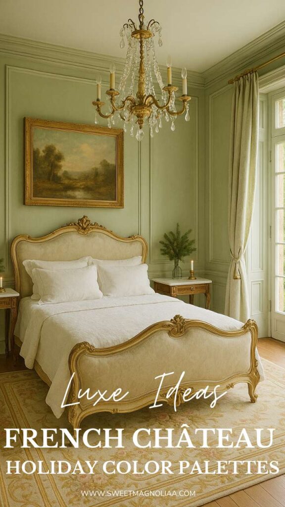 A soft sage French bedroom with a carved cream bed, gold chandelier, landscape artwork, and light drapery beside tall windows.