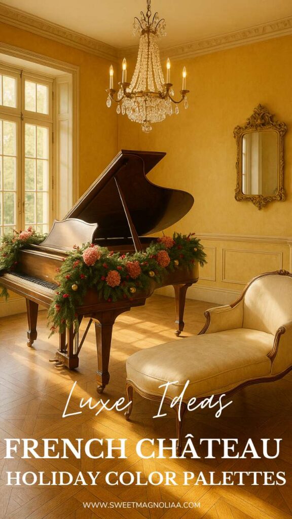 A honey-yellow room with a wooden grand piano draped in festive greenery and a crystal chandelier above.