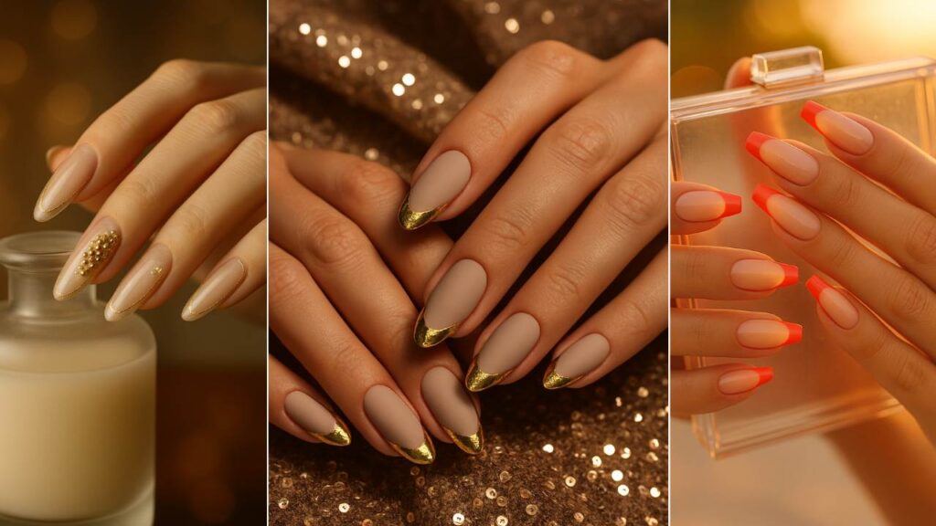 A collage of elegant French tip nails featuring three styles — nude nails with gold bead accents, matte nude nails with metallic gold tips, and glossy nude nails with vibrant coral French tips — displayed in warm, golden lighting for a luxurious, salon-perfect look.