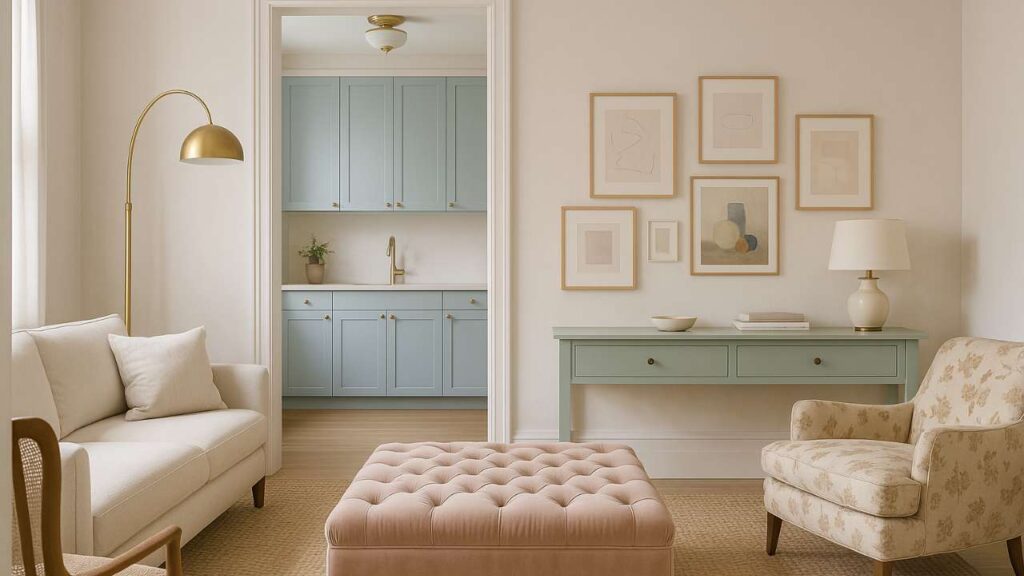 Soft modern living room with a shabby-chic flair featuring a cream sofa, tufted blush ottoman, floral armchair, and brass floor lamp. A mint-green console table with framed minimalist artwork lines the wall, and light blue kitchen cabinets are visible through the doorway—an elegant blend of modern design and shabby-chic style.