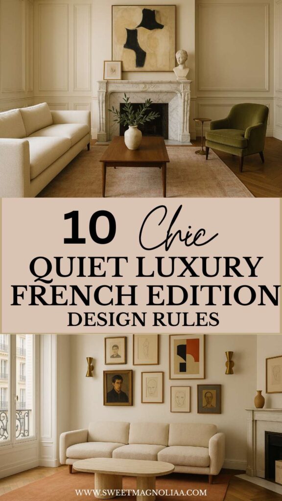 Collage of two Parisian apartment interiors showing Quiet Luxury French style: a cream sofa, marble fireplace, modern art, and olive velvet armchair arranged in warm natural light.